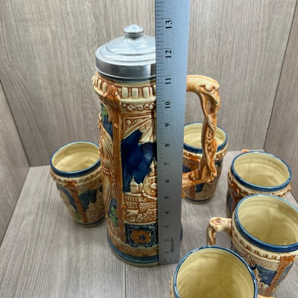 Vtg Ceramic Beer Stein Set w/Lidded Pitcher & 5 Mugs Made in Japan Blue Tan - Picture 14 of 16